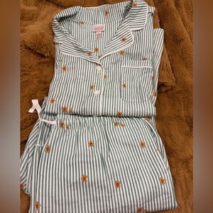 Women's Green and White Striped Pajama Set with Floral Accents